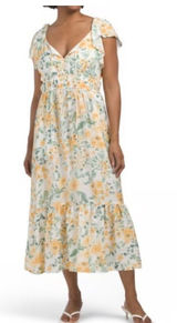 Rachel Zoe Yellow Floral Ruffle Midi Dress Smocked Waist Pockets Womens Size M Photo 0