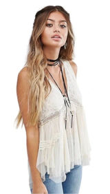 Free People On The Town Romantic Cream Beaded Sequin Sheer Lace Tank Photo 0