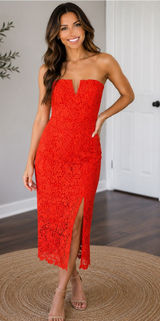 ASTR the Label Red Floral Lace Strapless Midi Dress Size L Cocktail Party Photo 0