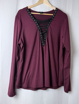 Rue+ Lace Up Grommet Women 2X Burgundy Long Sleeve Edgy‎ Goth V-Neck WitchyShirt Photo 0
