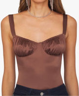 WeWoreWhat‎ Ruched Cup Bodysuit Size 2 Brown Satin Night Out Trendy Sexy Photo 0