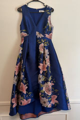 Eliza J Blue Floral Print Satin Twill High/Low Fit & Flare Dress Sz 6 Formal Photo 0