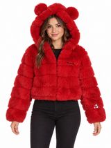 Disney Forever 21 Mickey Mouse Red Faux Fur Cropped Hooded Jacket Women’s M Photo 0