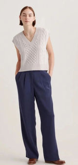 Quince Navy Blue Stretch Crepe Pleated Wide Leg Flowy Smart Casual Trousers Sz 4 Photo 0