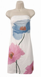 Strapless Mini Dress White Blue Pink Poppy Floral Stretch Size M No Tag Photo 0