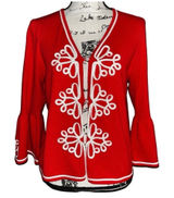 Oscar‎ de La Renta Vintage Red Knit Cardigan Bell Sleeve White Trim Embroidered Photo 0