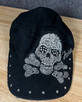 Ariat Black Cotton Cadet Hat Silver Embroidered Sugar Skull Rhinestone Distress Photo 0