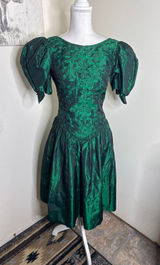 VTG 80s Emerald Green Iridescent Taffeta & Floral Prom Party Dress Whimsigoth Photo 0
