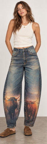 VBRT [XPT894] Long Horn Digital Horse Print Baggy Barrel Jeans NWT Size Small Photo 0