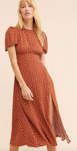 AFRM Jamie Open‎ Back Midi Dress Brown White Polka Dot Puff Sleeve Size Medium Photo 0