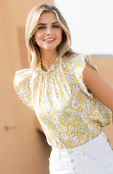 THML Women Cotton Top‎ XS Yellow Floral Ruffle Preppy Garden Party Spring Photo 0