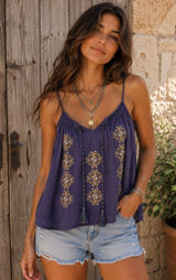 Denim‎ & Supply Ralph Lauren Purple Embroidered Boho Tassel Camisole Top Small Photo 0