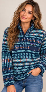 Patagonia Fleece Pullover Synchilla Snap-T Women L Blue Geometric Aztec Pocket Photo 0