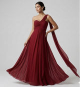 Alex Evenings Size-8 Red Chiffon‎ One Shoulder Empire Waist Evening Gown Photo 0