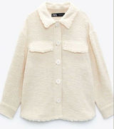 Zara Size S Shacket Jacket Cream Boucle Tweed Cropped Oversized Long Sleeve Photo 0