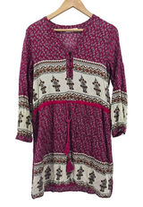 Entro Tunic Dress Womens Small Magenta Floral Boho V-Neck Tassel‎ Mixed Print Photo 0