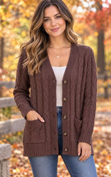 Brown Cable Knit Button Front V-Neck Cardigan Sweater Size Small Fall Season Photo 0