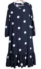 Black White Polka Dot Ruffled Hem Midi Dress Flowy Retro Mod Belted Women Size M Photo 0