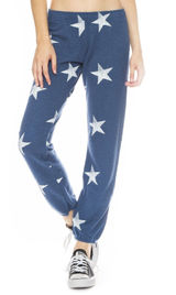 MONROW Star Print Sweatpants Size S Blue White Fleece Joggers Photo 0