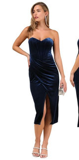 Lulus Masterfully Flirty Dark Blue Velvet Bustier Midi Dress Strapless Small Photo 0