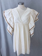 La Lavon Mini Dress Cream Embroidered Flutter‎ Sleeve Empire Waist Large L Photo 0