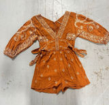 Free People Rust Orange Embroidered Long Sleeve Romper Boho V-Neck Small Photo 0
