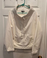 Lands End Womens XL Cream Full Zip Fleece Jacket Mock Neck Ribbed Trim Pocket Photo 0