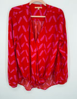 Gibson Latimer Women's Large Red Pink Long Sleeve Wrap Blouse Flowy Dressy Work Photo 0