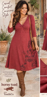 Horny Toad Toad&Co XS Red Floral Tencel Organic Cotton A-Line Dress 3/4 Sleeve Photo 0