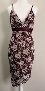 Bardot Floral Lace Midi Dress Burgundy Cream V-Neck Asymmetrical Hem Size US 6 Photo 0