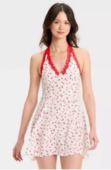 Women’s Red Chili Pepper Halter Mini Dress – Lace Trim Size Small Photo 0