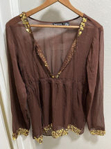 Y2K Wet Seal Brown Long Sleeve 100% Silk Sequin Blouse Top M Photo 0