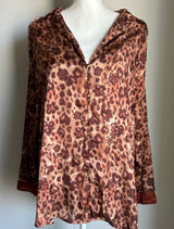 Intimately Free People Cheetah Leopard Floral Brown Silky Pajama Shirt Size L Photo 0