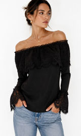 White House Black Market Black Lace Off Shoulder Boho Whimsygoth Top Small Photo 0