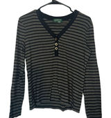 Lauren Ralph Lauren Gray & Black Striped Long Sleeve Henley Blouse Women Sz M Photo 0