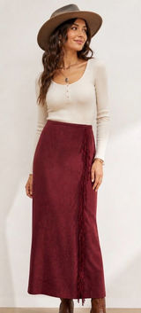 Norton McNaughton Western Burgundy Fringe-Trim Maxi Skirt Faux Suede Size 10 Photo 0