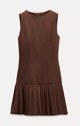 Sleeveless Brown Pleated Hem Dress Photo 0