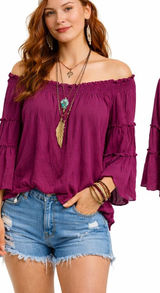 Free People Magenta Off The Shoulder Tiered Bell Sleeve‎ Boho Peasant Top Small Photo 0