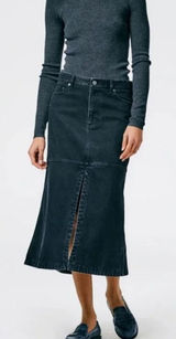 Tibi Size 29 Black Low Rise Denim Jean Midi Skirt with Front Slit Photo 0