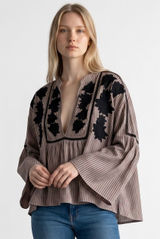 Free People Embroidered Striped Bell Sleeve Boho Blouse Beige Black Large Photo 0