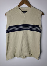 Vtg Work Wear WM 16/18 Tan Cotton Knit Striped V-Neck Sweater Vest 90s Y2K Retro Photo 0