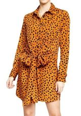 New Tie Front Button Down Shirtdress Animal Print Long Sleeve Mini Photo 0