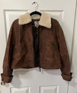 Dark brown faux-leather shearling collar aviator jacket Photo 0