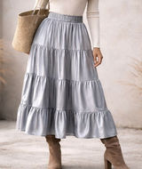 Tahari Tiered Maxi Skirt Metallic Silver Elastic Waist Y3K‎ Boho Chic Clean Girl Photo 0