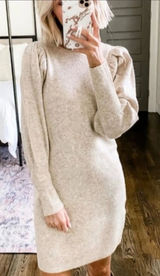 A New Day Women Oatmeal Beige Puff Sleeve Knit Sweater Dress Size M Photo 0