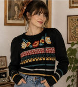 Vintage Embroidered Floral Fair Isle Sweater Womens Medium Black Good Boho Photo 0