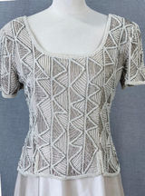 Vintage Stenay Beaded Silk Gown Ivory Geometric Seed Pearl Bodice Formal‎ Maxi 8 Photo 0