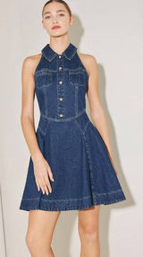 Nordstrom Denim Halter Mini Dress Button Front Fit & Flare A-Line Sleeveless M Photo 0