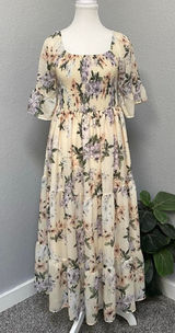 Shein Cream Maxi Dress Purple Green Floral Smocked Waist Ruffle Sleeves Photo 0