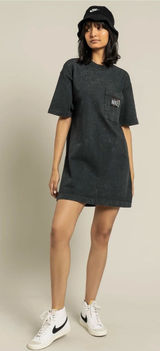 Nike Sportswear Womens Washed T-Shirt Dress XS Blue Mock Neck Pocket Just Do It Photo 0